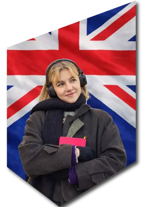 Student wearing headphones in front of the UK flag, representing guidance on choosing the right NVQ field in the UK