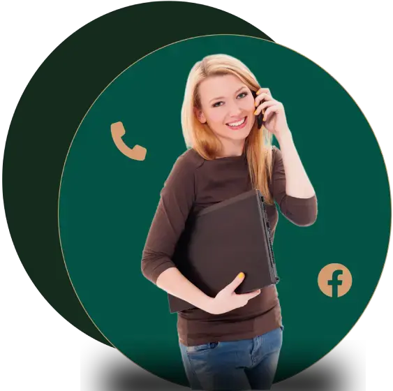 Friendly customer support representative holding a folder and talking on the phone, representing NVQ assignment help and student support services in the UK