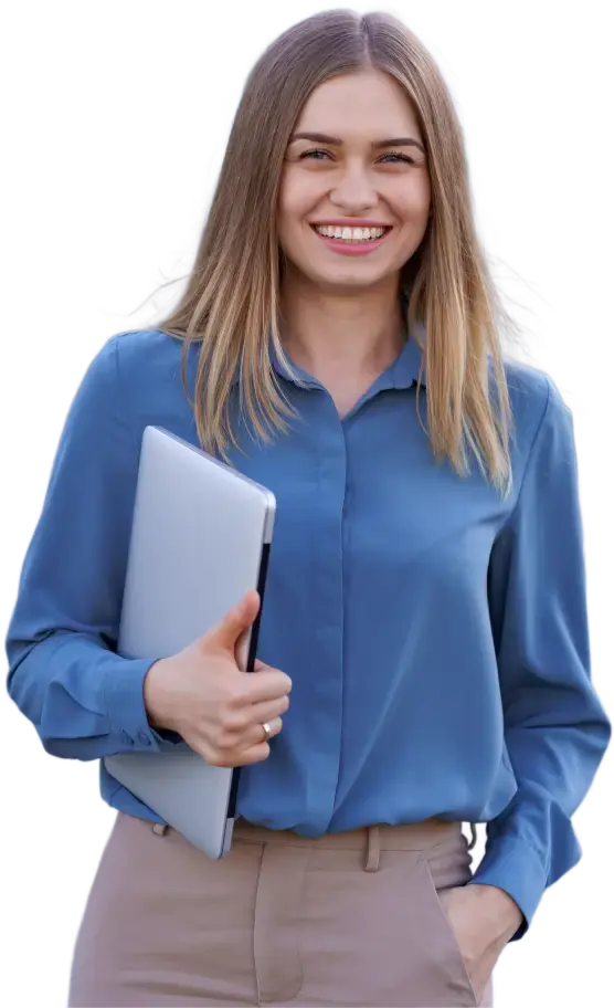 Friendly academic advisor holding a laptop, symbolizing professional NVQ assignment support for students across the UK